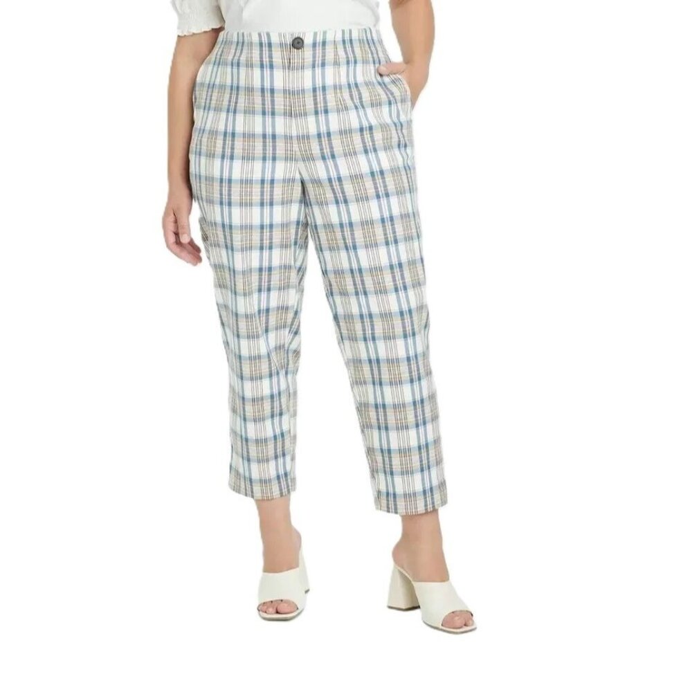 Ava & Viv Cream & Blue Plaid  High Rise Casual Dress Ankle Pants